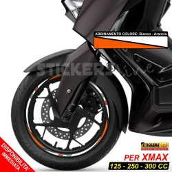 Adesivi cerchi ruote XMAX 125 - 250 - 300 cc set profili BIANCO - ARANCIO Rac. 3