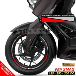 Adesivi cerchi ruote XMAX 125 - 250 - 300 cc set profili ARGENTO - ROSSO Rac. 3